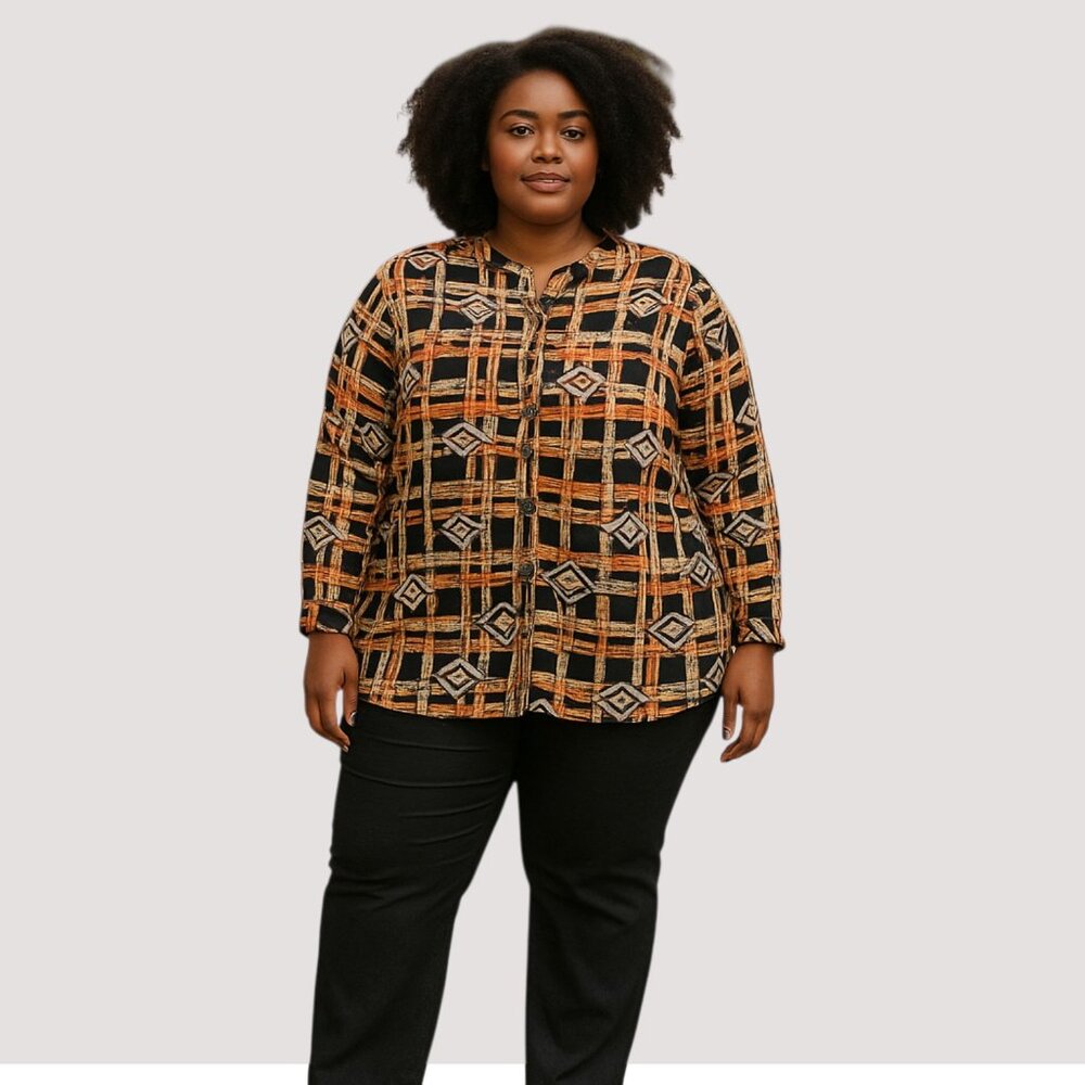 Christie & Jill Women's 2X Multicolor Geometric Button Front Blouse NWT Plus